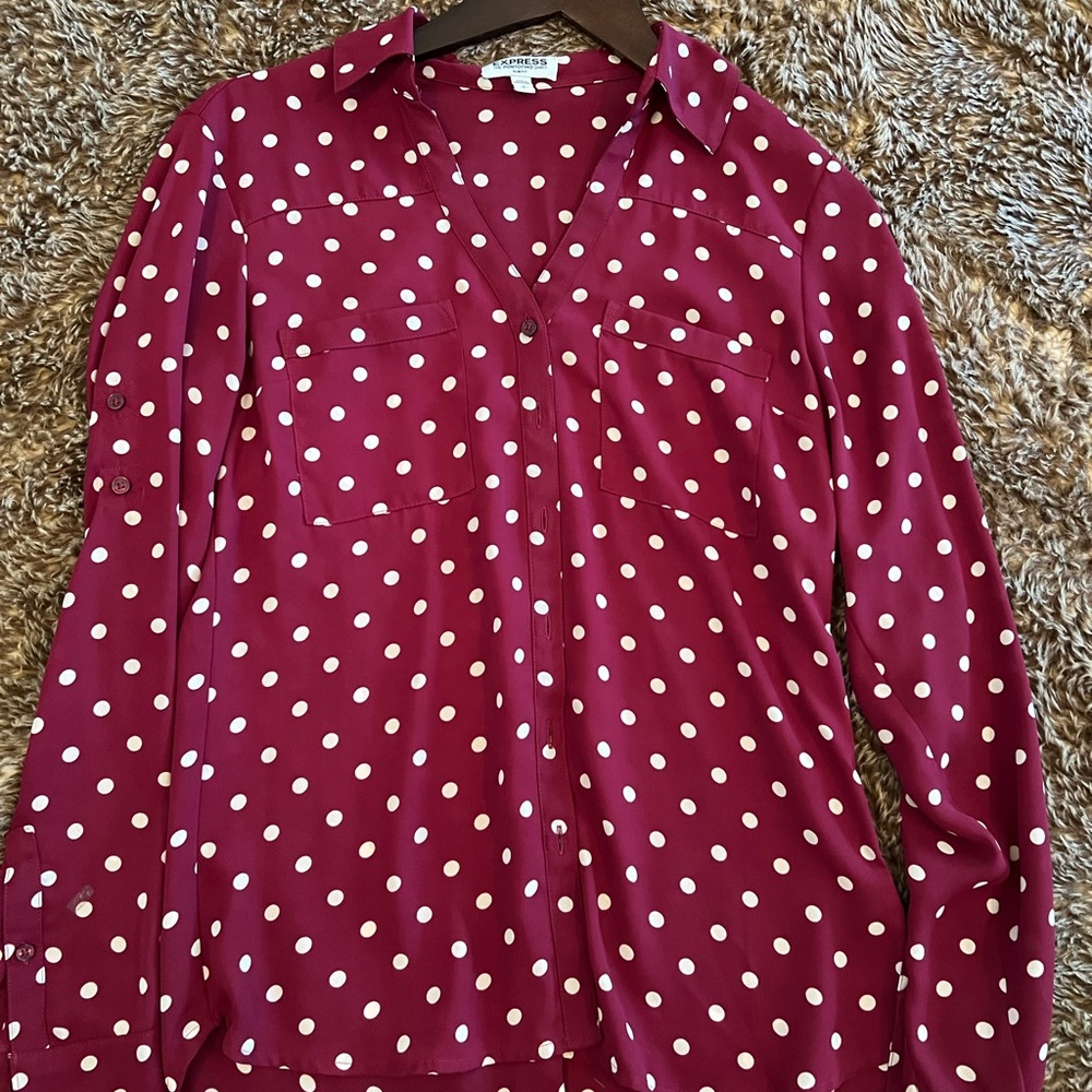Express: Portofino button down - Maroon W/ white polka dots